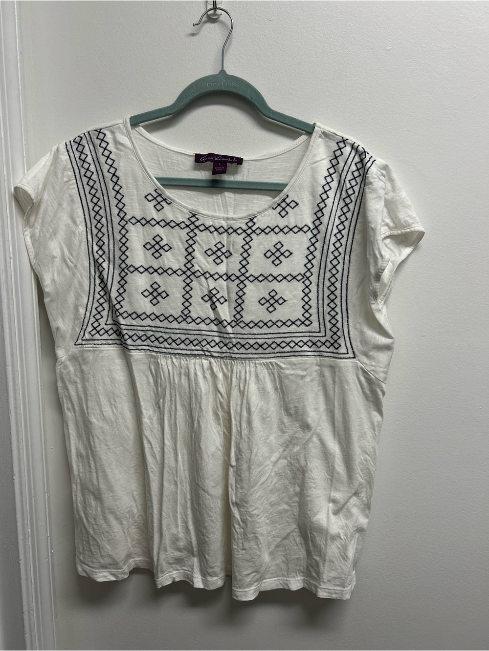 GV babydoll peasant style smock with blue embroidered trim